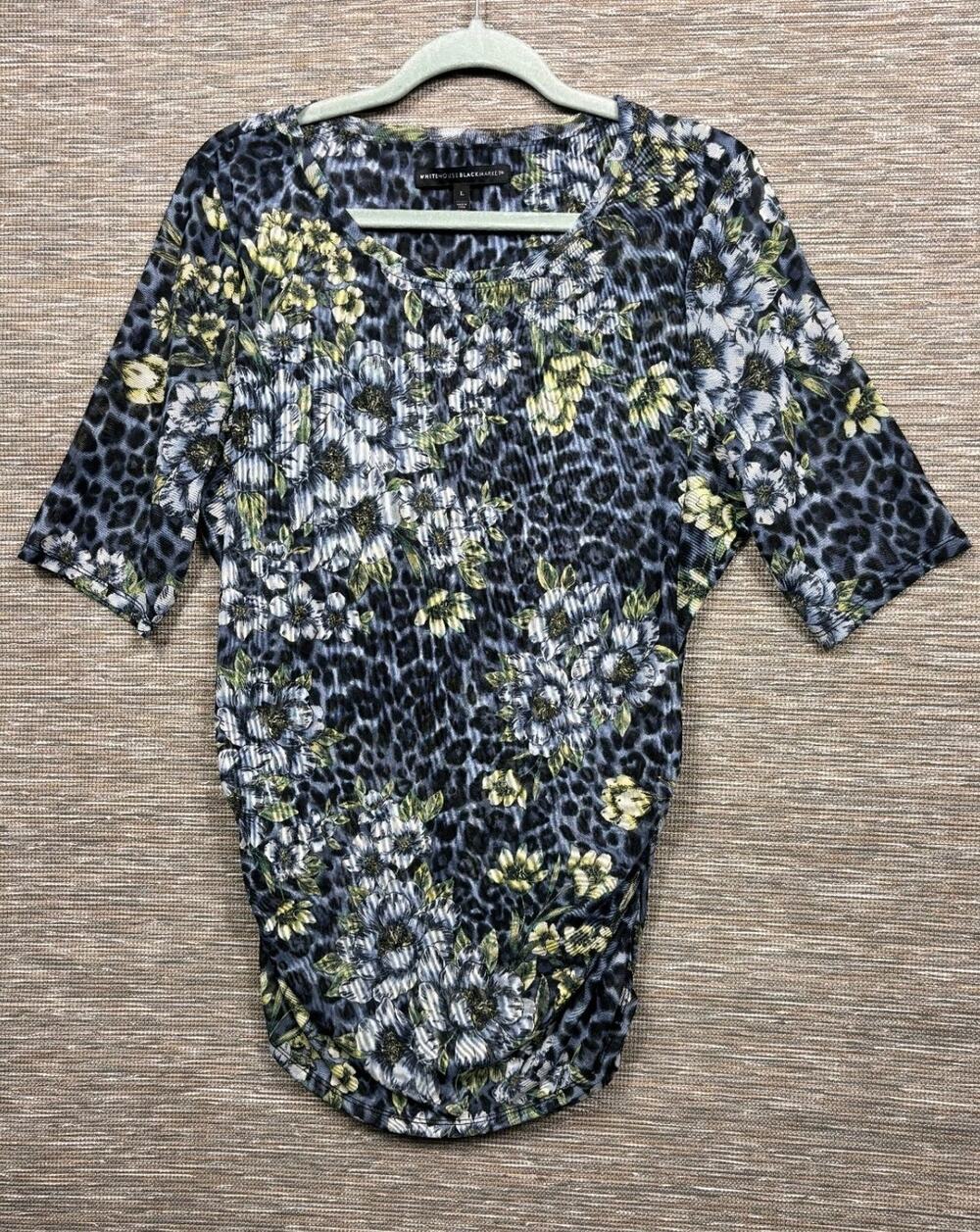 White House Black Market Blue Floral Top Womens Size L Ruched Leopard Print